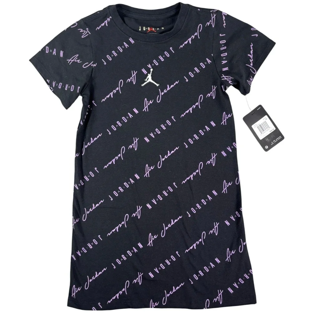 Air Jordan Essentials T Shirt Dress Youth 6X Black Purple Logo AOP Standard Fit